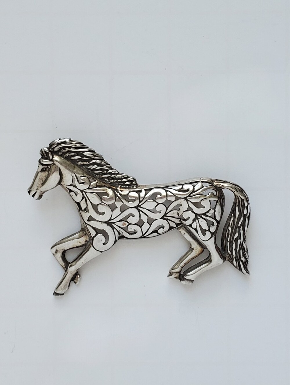 Vintage Jezlaine 925 Sterling Silver Running Horse Brooch Filigree Equestrian